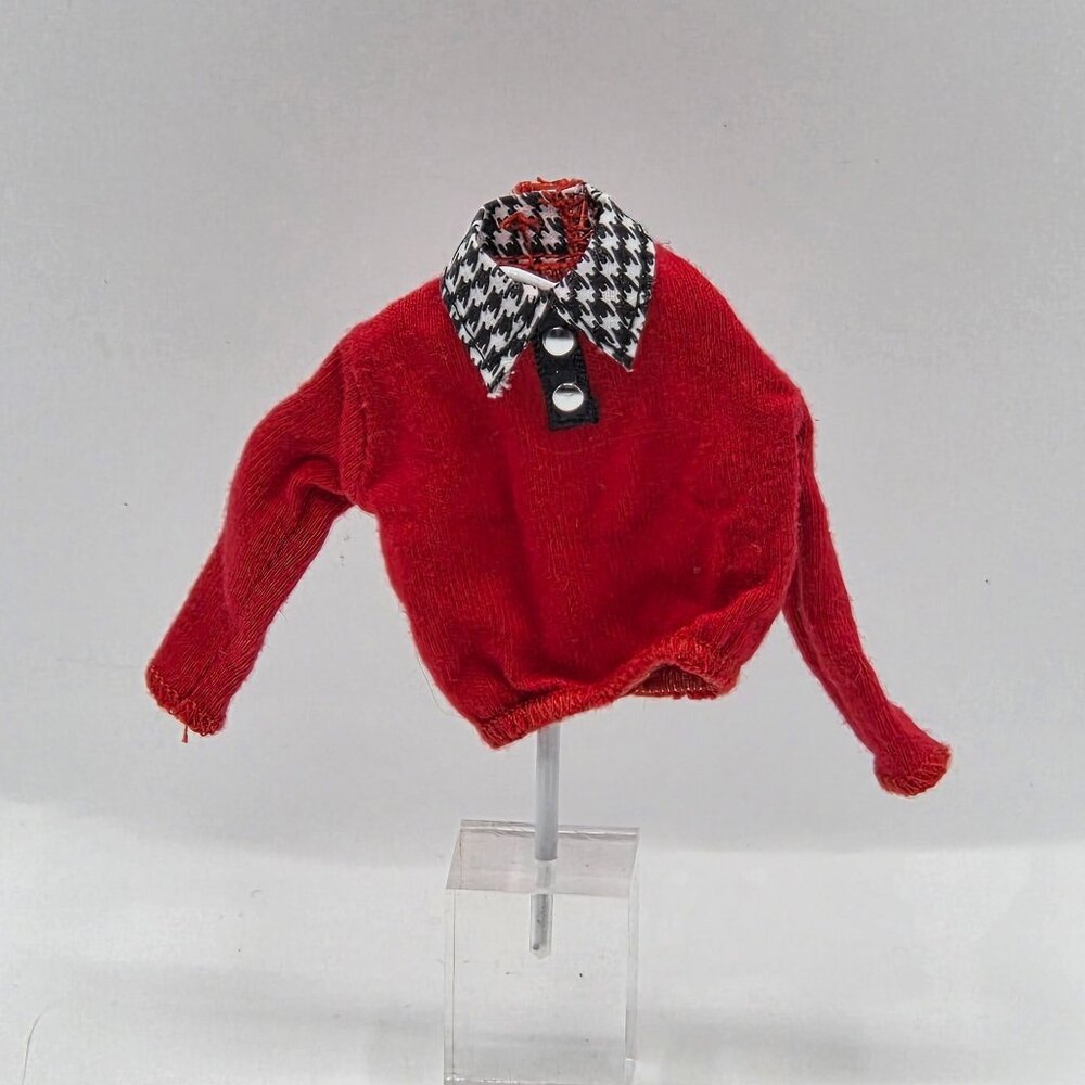 Vintage Barbie Red Knit Sweater With Black & White Houndstooth Collar